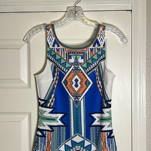 Peach Puff Dress Womens Small Blue Green Aztec Sleeveless Bodycon Geometric Mini - Picture 4 of 14